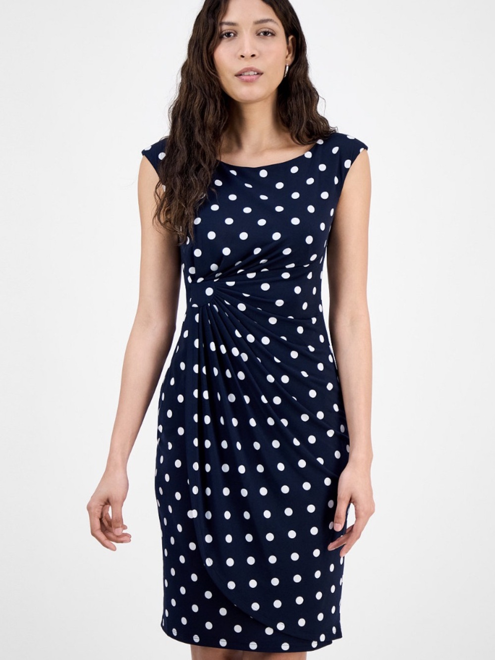 Polka Dot Midi Dress with Side Twist Detail - Navy & White